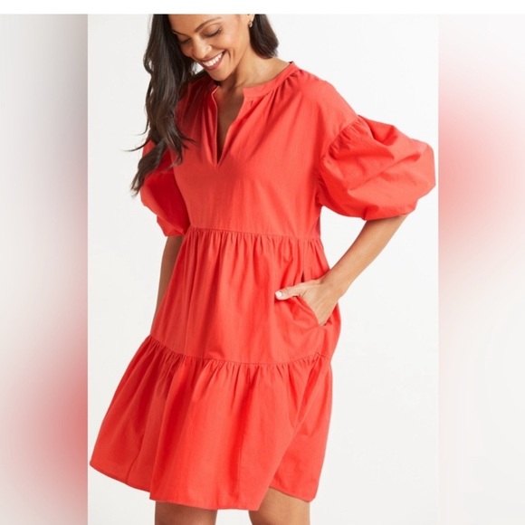 EVEREVE Sundry The Anywhere Babydoll Dress 3 Red Tiered Balloon Sleeves Cottage - Picture 3 of 11